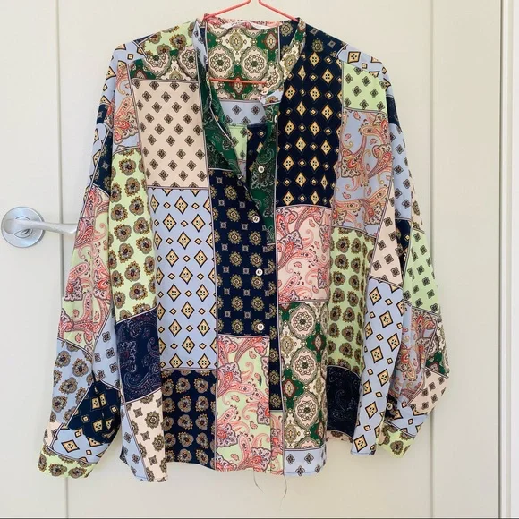 zara blouse size L long sleeve shirt paisley - Picture 1 of 4